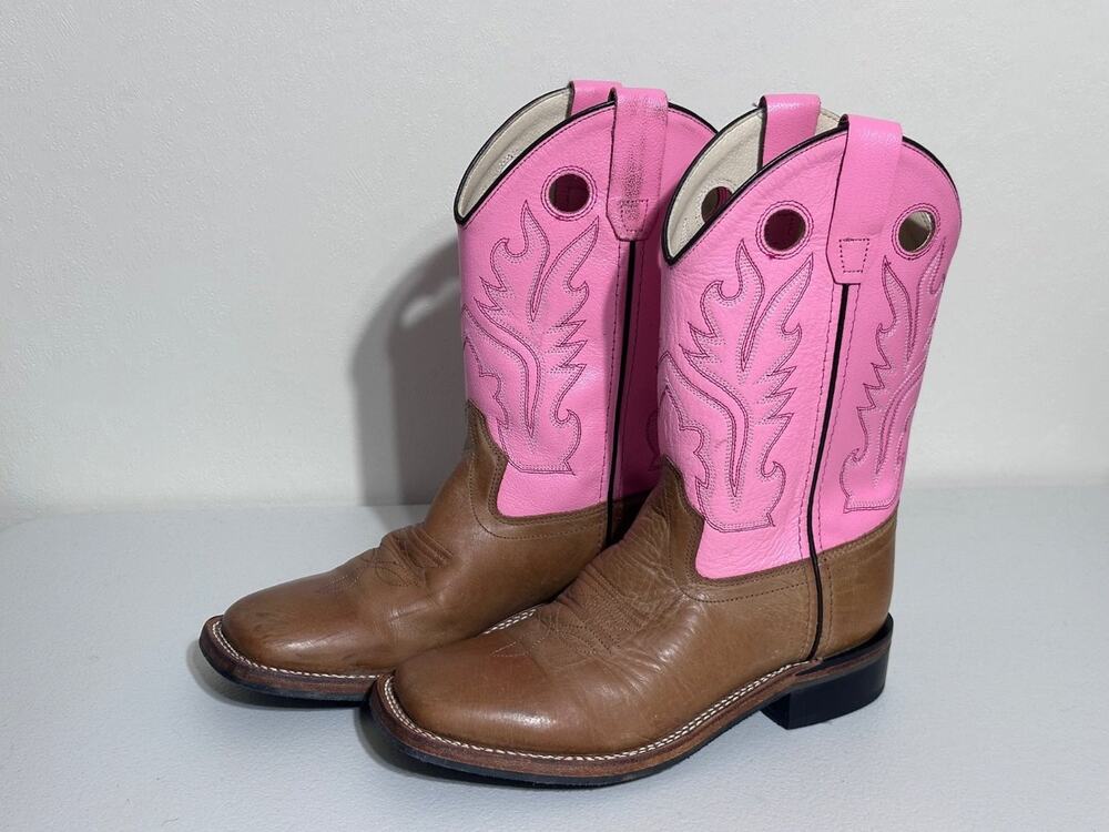 Old West BSC1839 Girls Size 3 Pink Cowboy Boots leather brown vamp square toe